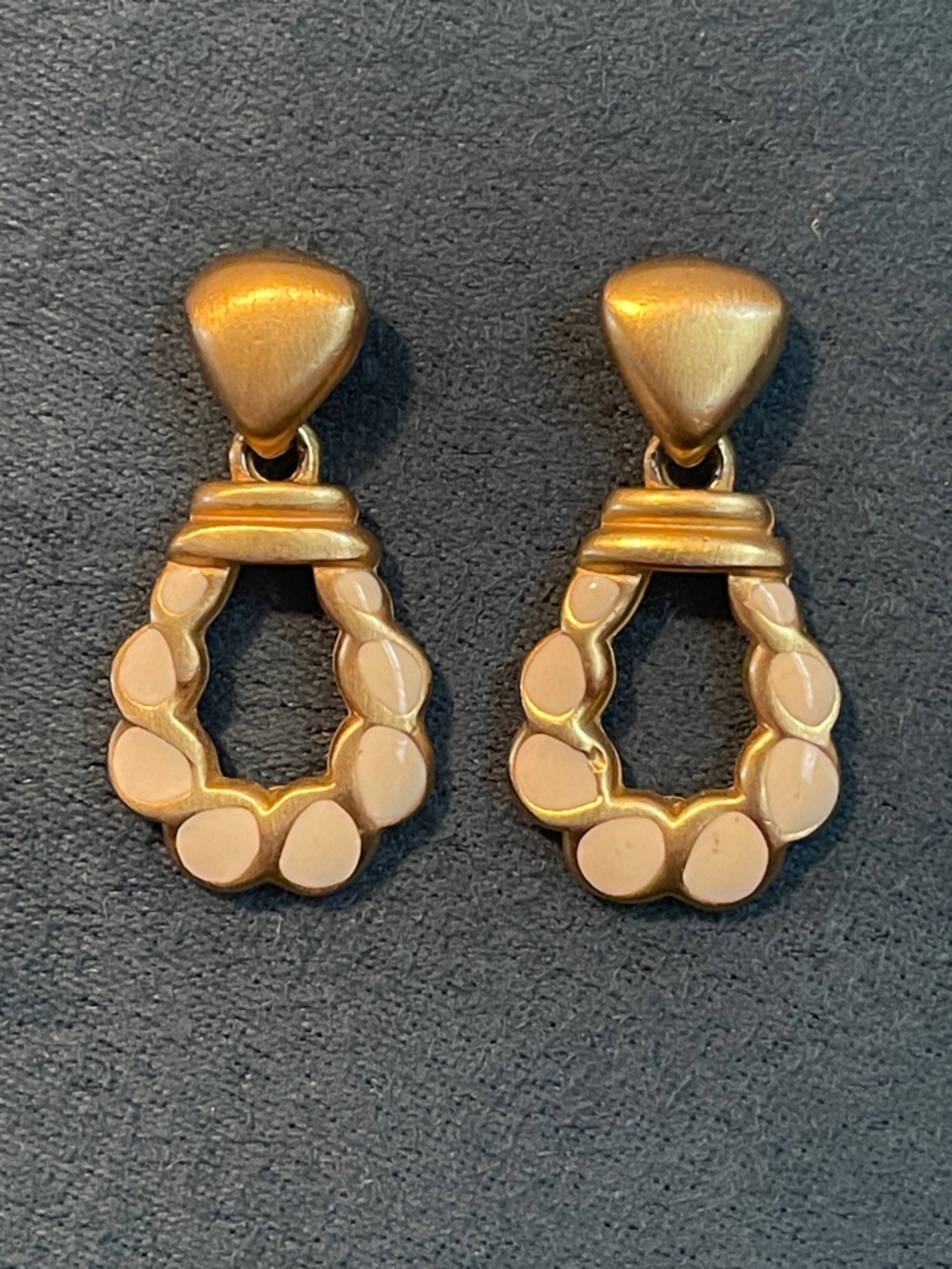 Vintage Anne Klein Gold & Cream Enamel Door Knocker Style Pierced Earrings